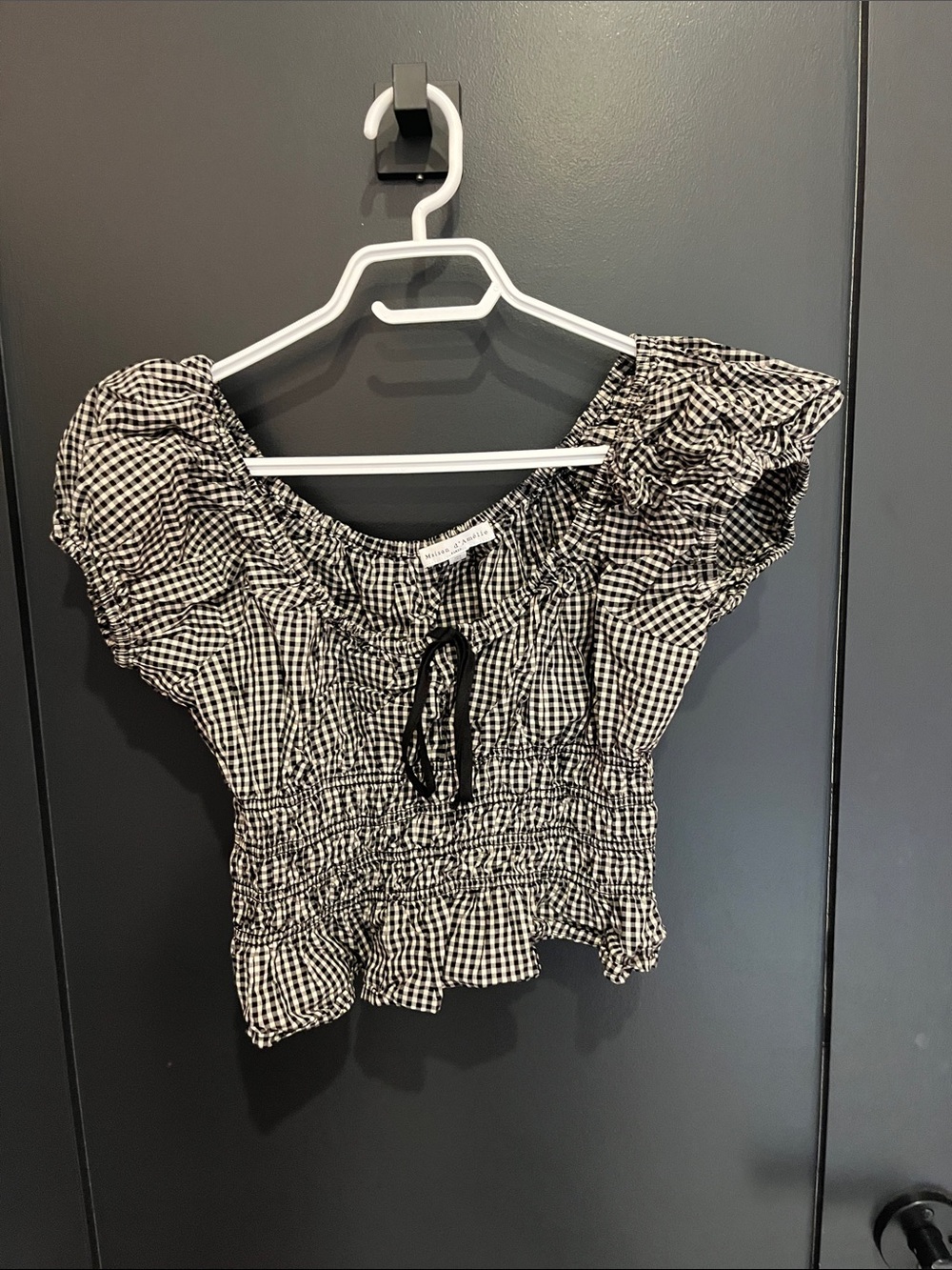 Smocked Gingham Puff-Sleeve Crop Top - Black & White